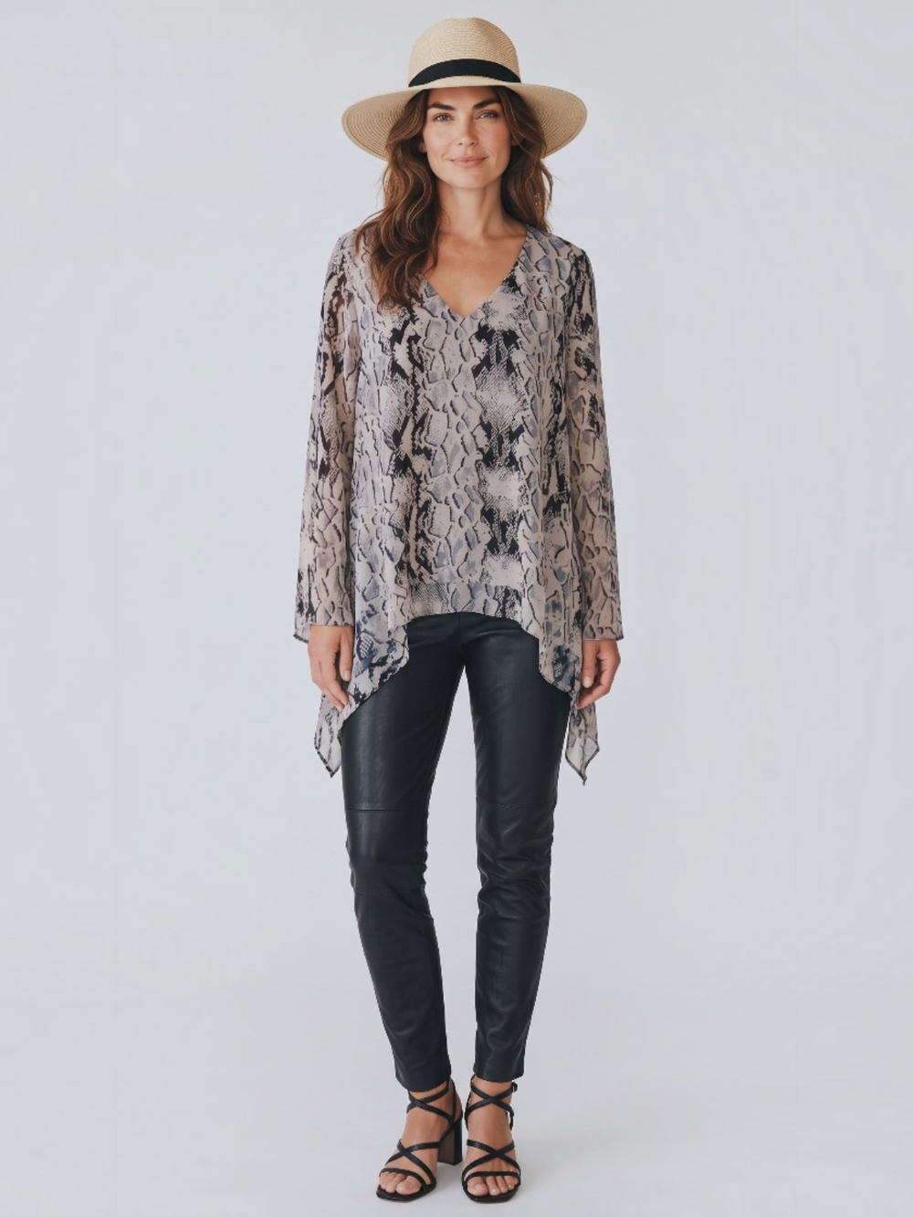 Parker Snake Print V-Neck Handkerchief Hem Top - Taupe/Black